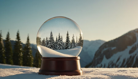 Snow globe with fir trees in the mountains. Christmas and New Year concept.の素材