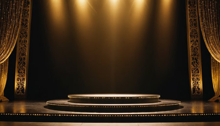 Stage podium with lighting, Stage Podium Scene with for Award Ceremony on black Background, 3d renderの素材