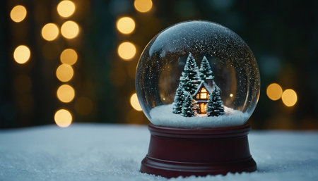 Snow globe with christmas tree in snow on bokeh backgroundの素材