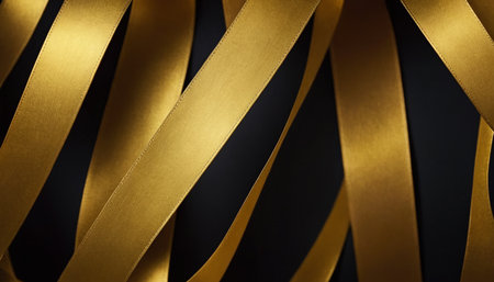 Golden satin ribbons on black background, closeup. Design elementの素材