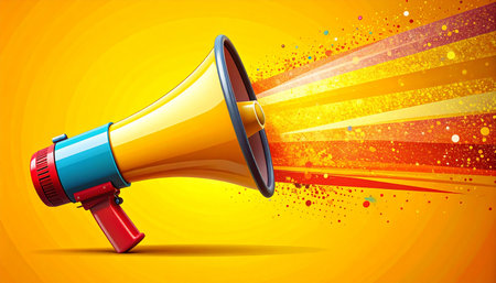 Vector illustration of a megaphone on colorful background with rays.の素材