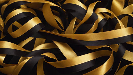 Black and gold satin ribbons as background, close-upの素材