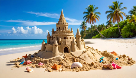 Sand castle on tropical beach at Seychelles, Maheの素材