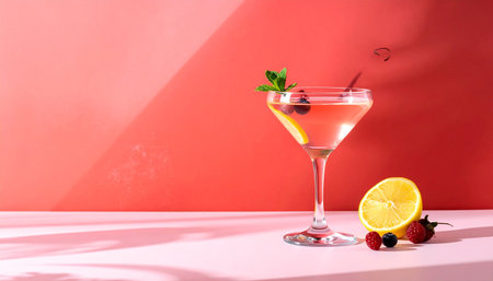 Cocktail with black currant, lemon and mint on red backgroundの素材