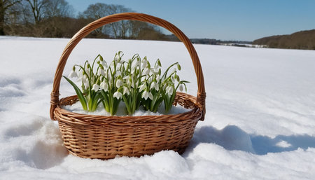 Basket with snowdrops in the snow. Spring, easterの素材