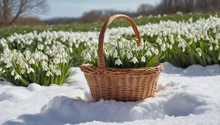 Basket with snowdrops in the snow. First spring flowers.の素材