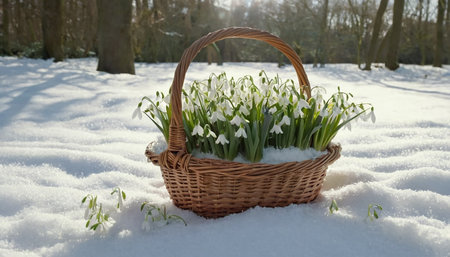 Basket with snowdrop flowers in the snow. Spring landscape.の素材