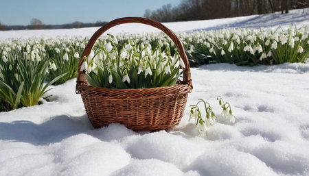 Basket with snowdrops in the snow. Selective focus.の素材