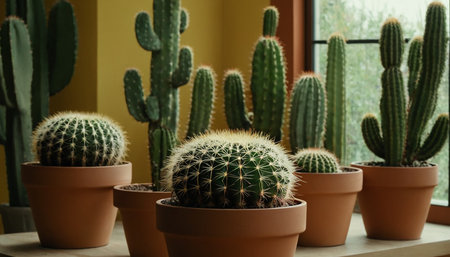 Cactuses in pots on windowsill, closeup. Interior designの素材