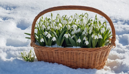 Snowdrop flowers in a wicker basket on a white snow backgroundの素材
