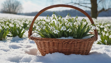 Basket with snowdrops in front of snowflakes in winterの素材