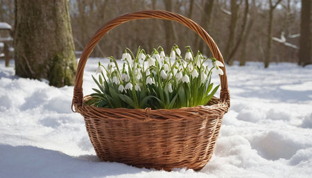 Basket with snowdrop flowers in the park on a sunny winter dayの素材