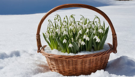 Basket with snowdrop flowers in the snow. Easter background.の素材