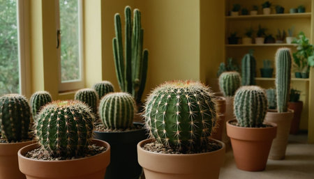 Cactuses in pots on windowsill, closeup. Home decorの素材