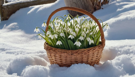 Snowdrop flowers in a wicker basket on white snow background.の素材