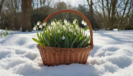 Snowdrop flowers in a wicker basket on white snow in winterの素材