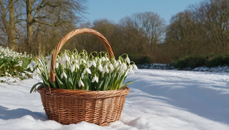Snowdrop flowers in a wicker basket on a snow covered meadowの素材
