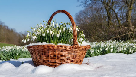 Basket with snowdrops in the snow in the park on a sunny dayの素材