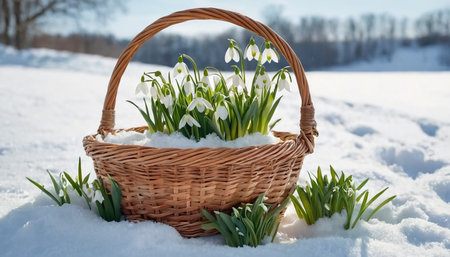 Basket with snowdrop flowers in the snow on the nature backgroundの素材