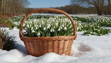 Basket full of snowdrops in the snow on a sunny dayの素材