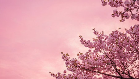Cherry blossoms in full bloom in spring, pink sky backgroundの素材