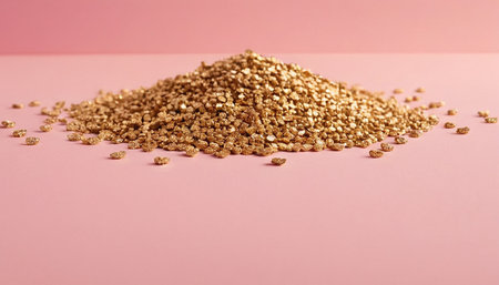 Pile of golden glitter sparkle confetti on pink background.の素材