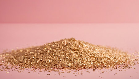 Golden glitter on pink background, shallow depth of field, copy spaceの素材
