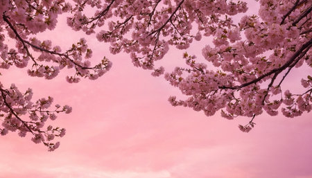 Cherry blossoms in full bloom with pink sky in the backgroundの素材