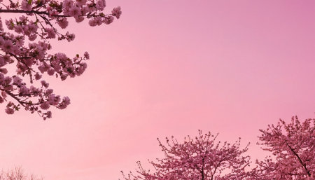 Cherry blossoms in full bloom on a pink sky background.の素材