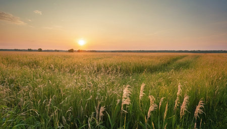 Sunset over a field with tall grass. Beautiful summer landscape.の素材