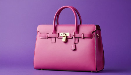Pink leather handbag on a purple background. Fashionable concept.の素材