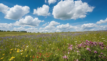 Wildflowers in a field in summer under a blue sky with white cloudsの素材