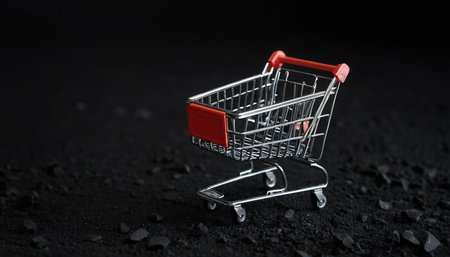 Shopping cart on a black background with copy space. 3d renderingの素材