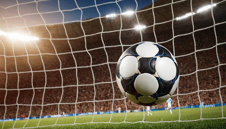 Soccer ball in goal net on football field. Sport background.の素材