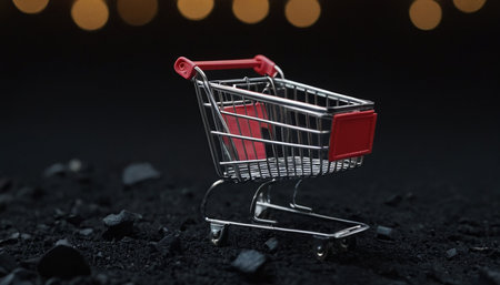 Shopping cart on black coal with bokeh light background.の素材
