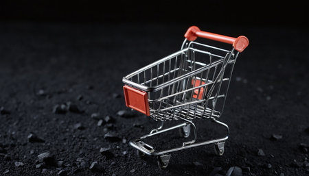 Shopping cart on a black background. 3d rendering, 3d illustration.の素材