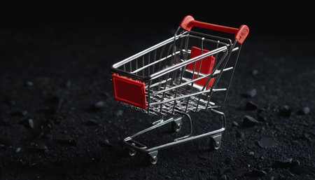 Shopping cart on a black background. 3D illustration. Copy space.の素材