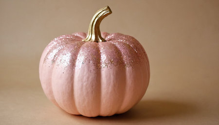 pink pumpkin with golden glitter on a beige background for Halloweenの素材