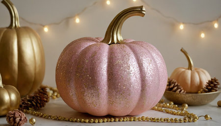 pink and golden pumpkins on a white background with garlandの素材