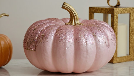 pink pumpkin on a white background with golden lantern and pumpkinsの素材