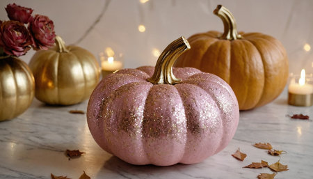 pink pumpkin on white marble table with burning candles and autumn leavesの素材