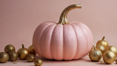Pumpkin and golden Christmas decorations on a pink background. 3d render.の素材