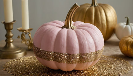 pink pumpkin with golden glitter and candlestick on wooden tableの素材