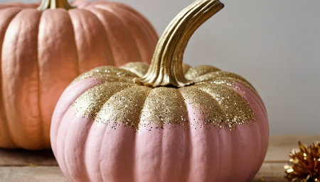 pink and white pumpkins with golden glitter on a wooden tableの素材