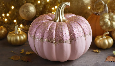 Halloween pumpkins with golden decor on grey table, closeupの素材