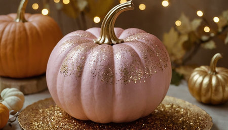 pink pumpkins on a wooden background with golden sparkles.の素材