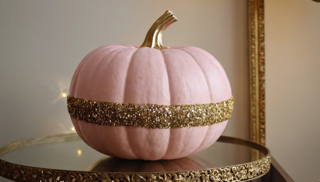 pink pumpkin with golden decoration on the table. halloweenの素材
