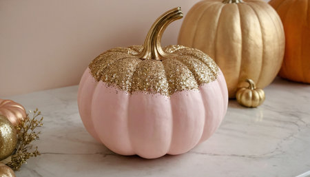 Decorative pumpkins on white marble table, closeup. Space for textの素材