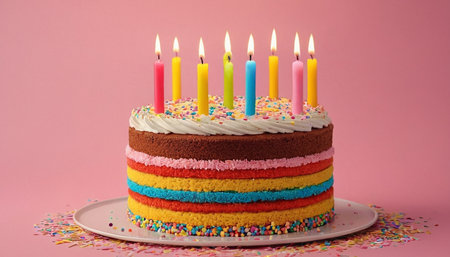 Birthday cake with candles and colorful sprinkles on pink background.の素材
