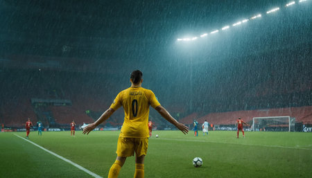 Football or soccer player in action on the field under rain. Mixed mediaの素材